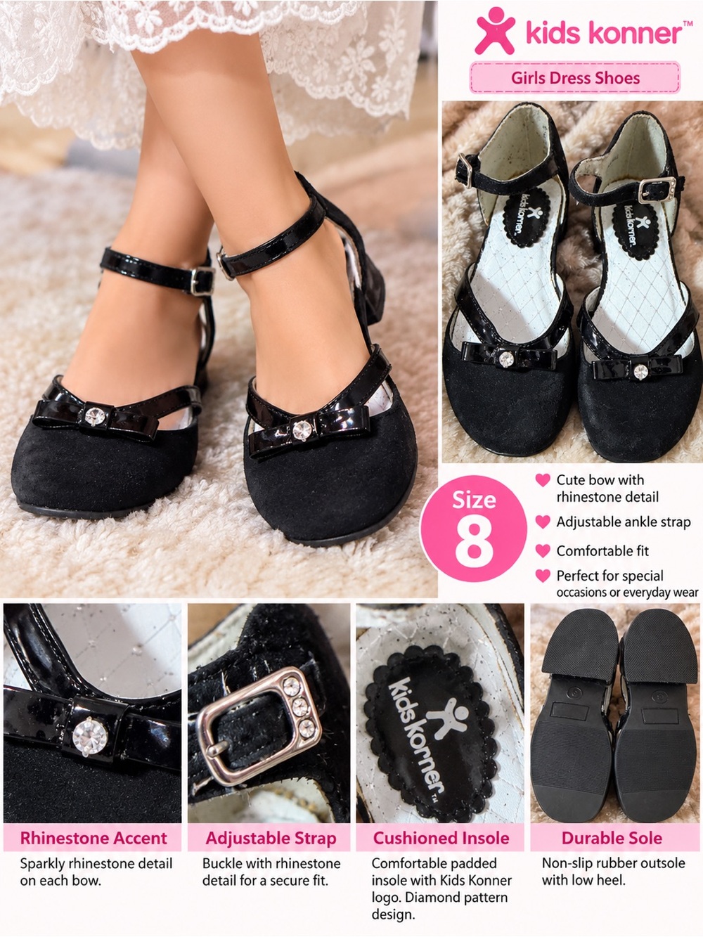 Angel Black Girls Dress Shoes with Bow and Rhinestone Accent